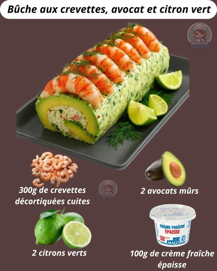 Bûche aux crevettes garnie d'avocat et citron vert, plat raffiné apéritif
