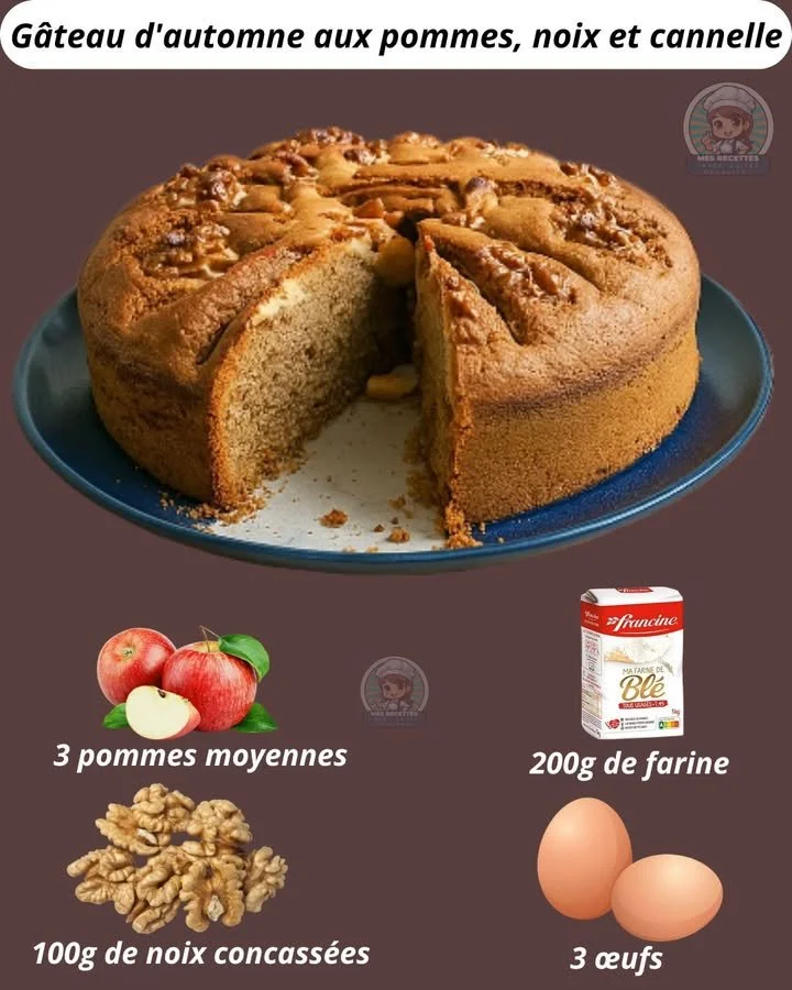 Gâteau d'automne aux pommes, noix et cannelle, régal sucré de saison.