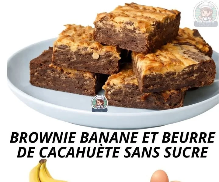 Brownie à la banane et beurre de cacahuète sans sucre, dessert sain.
