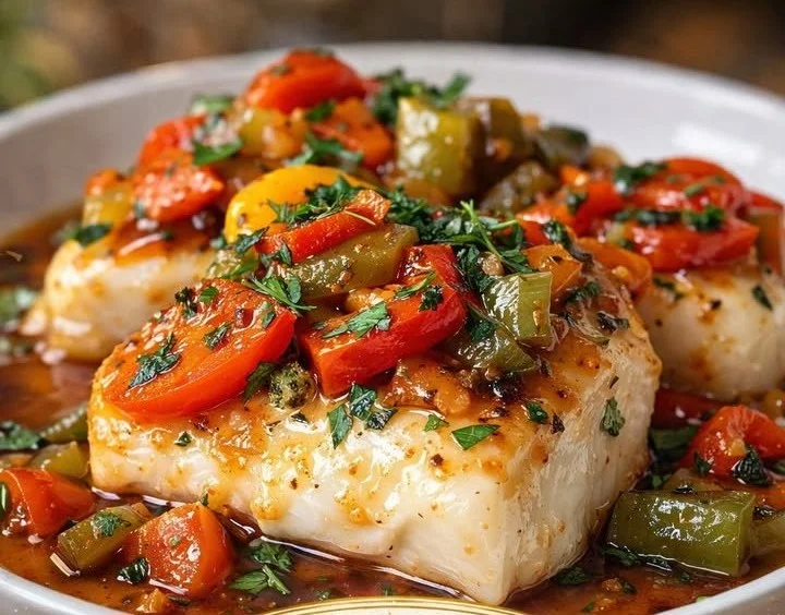Cabillaud à la Basquaise aux poivrons colorés dans une assiette délicieuse.