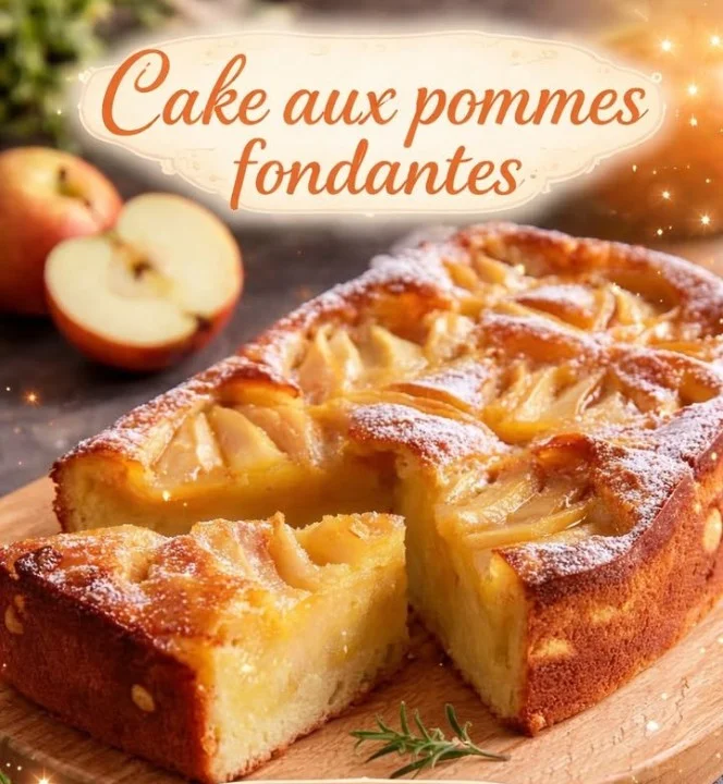 Délicieux cake aux pommes fondantes moelleux et savoureux sur une table en bois.