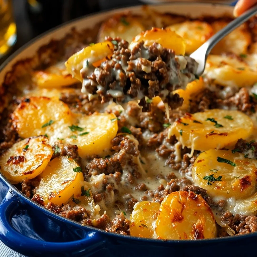 Casserole crémeuse de bœuf haché et pommes de terre prête à servir.