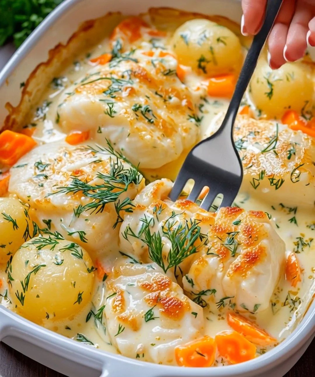 Cassolette de poisson à la crème avec légumes fondants et pommes de terre