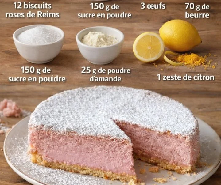 Gâteau aux biscuits roses de Reims décoré avec des fleurs comestibles