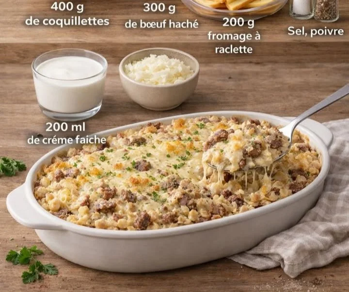 Gratin de Coquillettes à la Raclette et au Bœuf Haché, plat savoureux