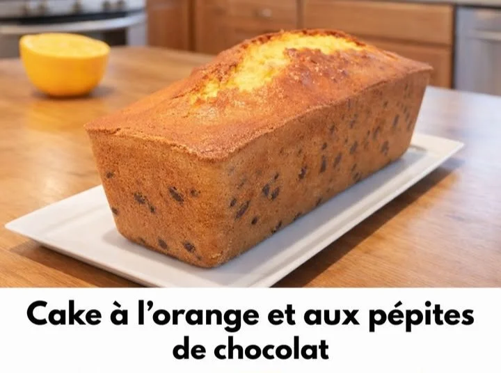Gâteau à l'orange avec des pépites de chocolat sur un plateau décoratif.