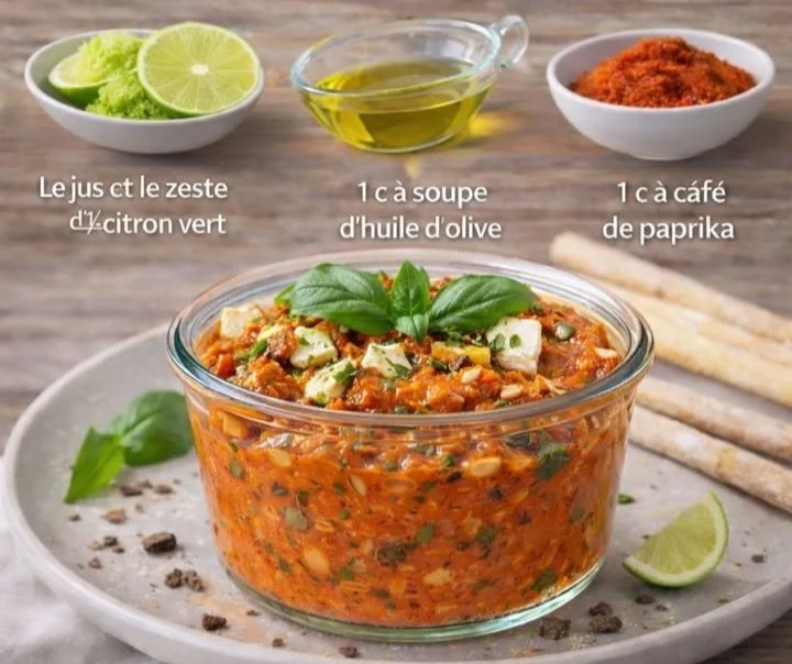 Poivronnade maison à la feta et basilic servie dans un bol coloré.