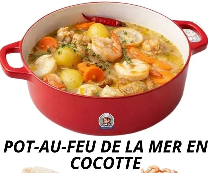 Pot-au-feu de la mer en cocotte, plat savoureux aux fruits de mer et légumes.