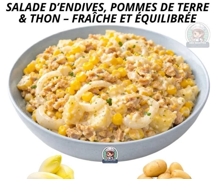 Salad of endives, potatoes & tuna in a bowl, fresh and healthy dish