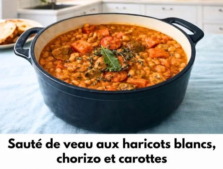 Sauté de veau aux haricots blancs, chorizo et carottes dans une assiette