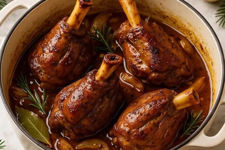 Souris d'agneau caramélisées servies avec une garniture appétissante