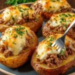 Pommes de terre farcies à la viande hachée et gratin de fromage savoureux