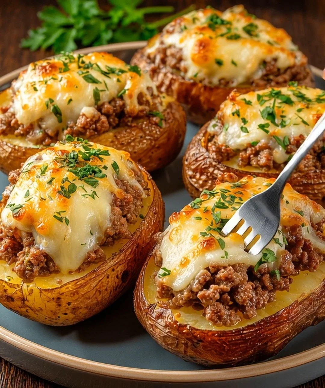 Pommes de terre farcies à la viande hachée et gratin de fromage savoureux