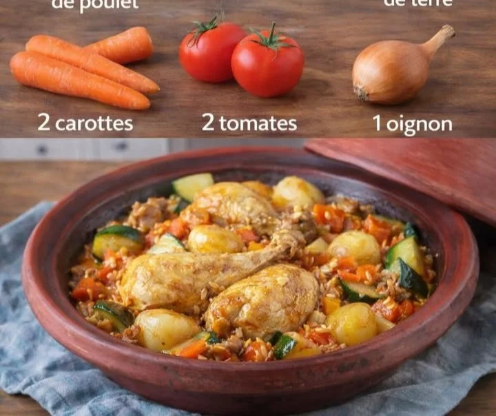Tajine de Poulet traditionnel servi avec légumes et épices