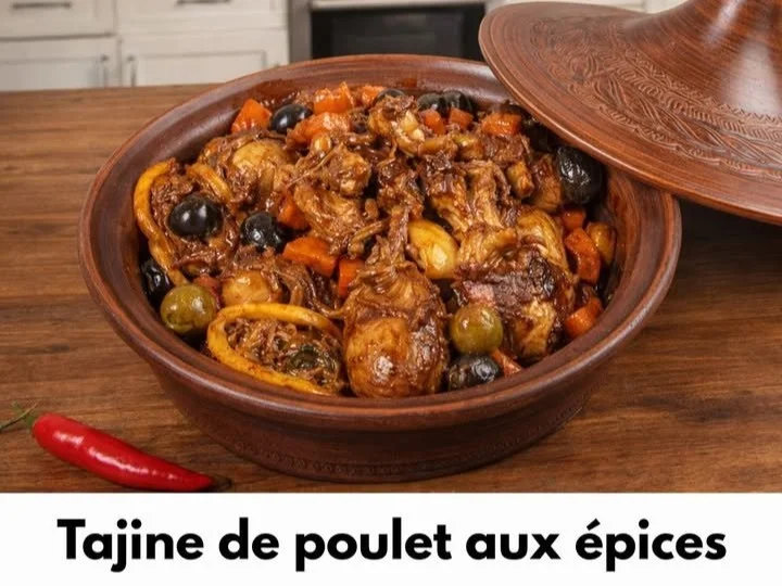 Plat de tajine de poulet aux épices servi avec des légumes colorés