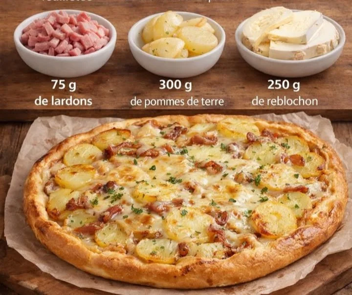 Tarte fine au reblochon avec pommes de terre dorées, plat savoureux.