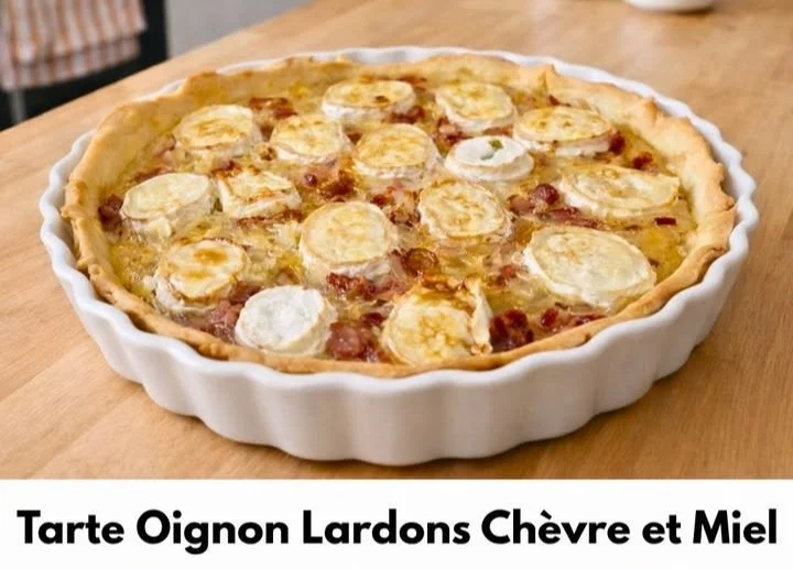 Tarte Oignon Lardons Chèvre et Miel, une délicieuse recette salée avec des ingrédients frais.