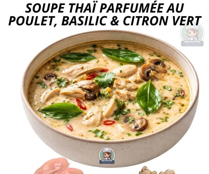 Soupe thaïlandaise au poulet, basilic et citron vert dans un bol