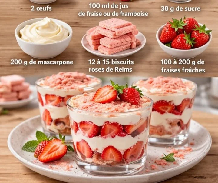Tiramisu aux fraises et biscuits roses de Reims, un dessert délicieux et coloré