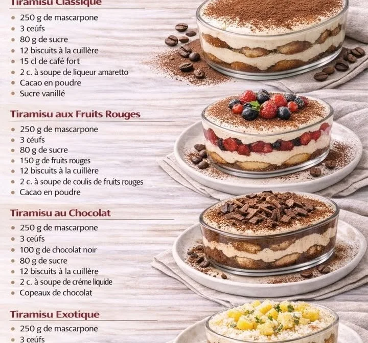 Tiramisu préparé de différentes façons sur une table avec des ingrédients