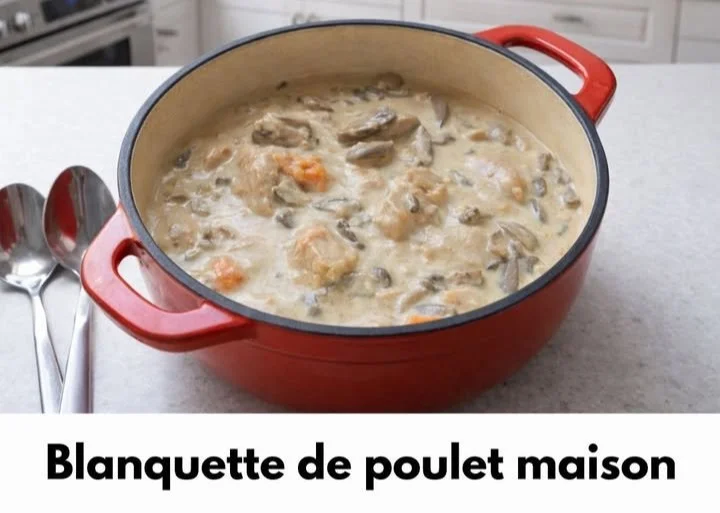 Blanquette de poulet maison servie dans une assiette, plat onctueux et savoureux.