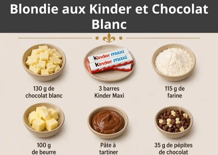 Blondie aux Kinder et Chocolat Blanc, un dessert goûteux et irrésistible.