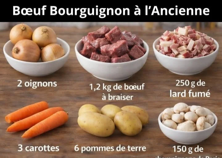 Plat de Bœuf Bourguignon à l'Ancienne servi avec des légumes et du vin rouge.