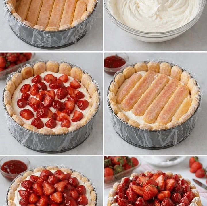 Dessert charlotte aux fraises présenté sur une jolie assiette