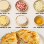 Pâte feuilletée au camembert, bacon et pommes de terre dorée au four