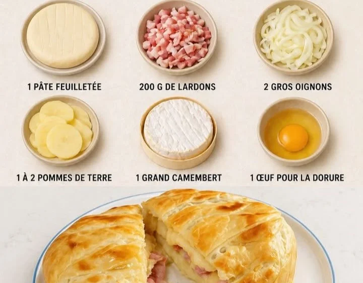 Pâte feuilletée au camembert, bacon et pommes de terre dorée au four