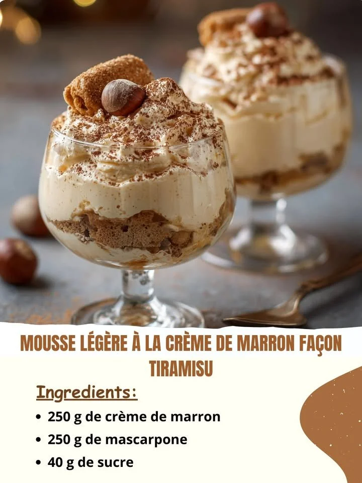 Mousse légère au marron inspirée du tiramisu, un dessert délicieux et crémeux.