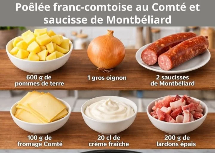 Poêlée franc-comtoise au Comté et saucisse de Montbéliard, plat savoureux et réconfortant.