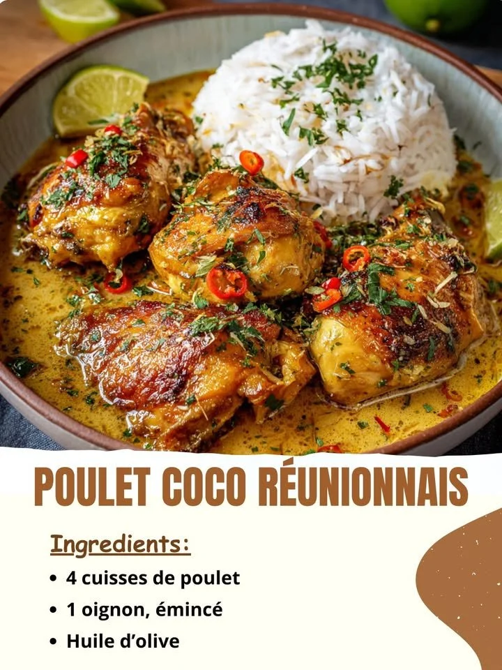 Plat de Poulet Coco Réunionnais avec riz et légumes colorés.
