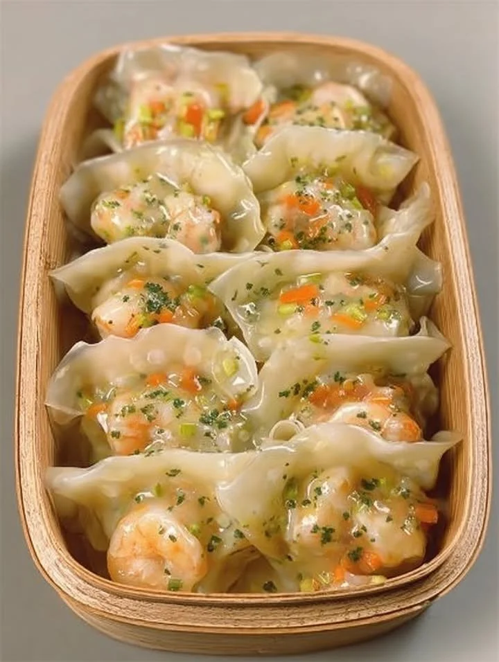 Raviolis à la vapeur aux crevettes et légumes savoureux et colorés