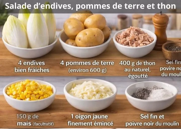 Salade d'endives avec pommes de terre et thon, un plat frais et délicieux.