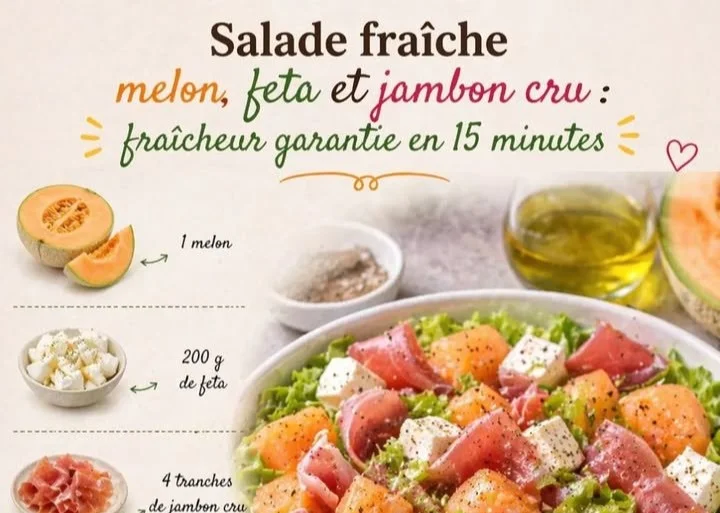 Salade fraîche de melon, feta et jambon cru, idéale pour l'été