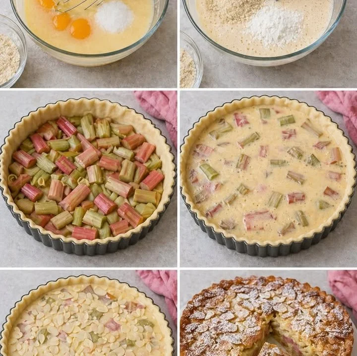 Tarte rhubarbe amandes, une pâtisserie gourmande avec une croûte croustillante et une garniture savoureuse.