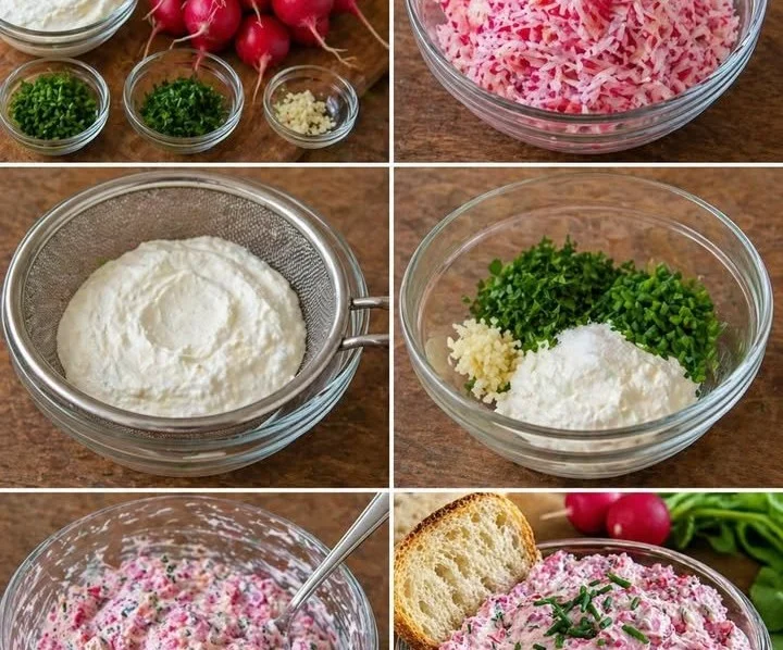 Tartinade de radis à la ciboulette servie sur du pain croustillant