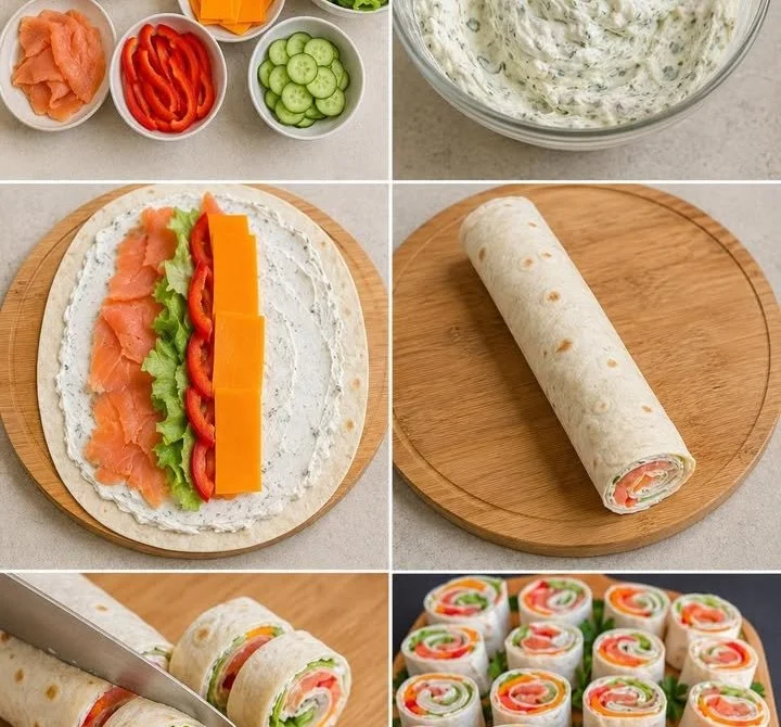 Wraps apéritifs au saumon fumé et fromage frais, savoureux et faciles à préparer.