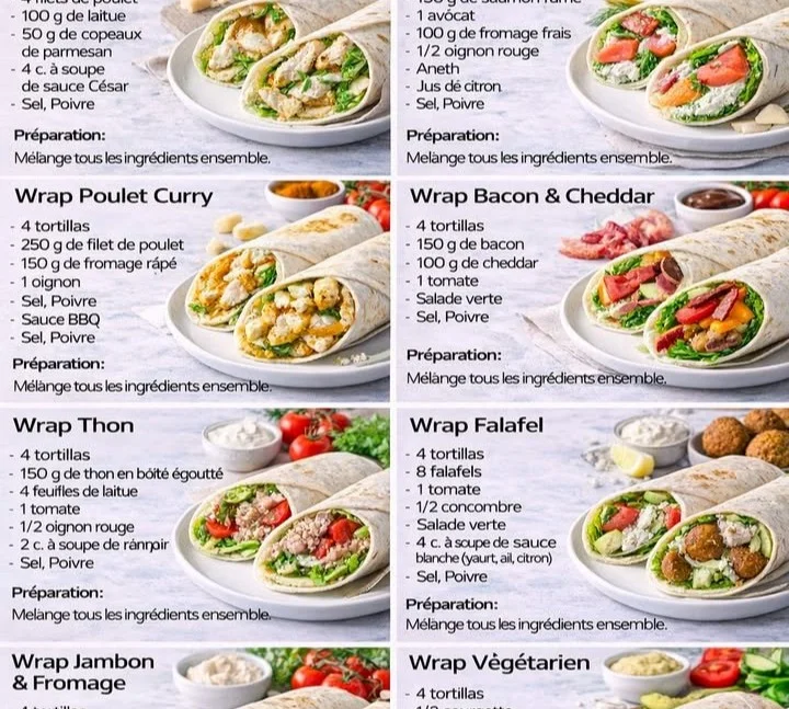Assortiment de wraps variés préparés avec des ingrédients frais et colorés.
