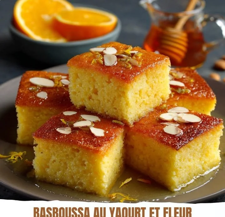 Basboussa avec yaourt et fleur d'oranger, un dessert traditionnel moelleux.