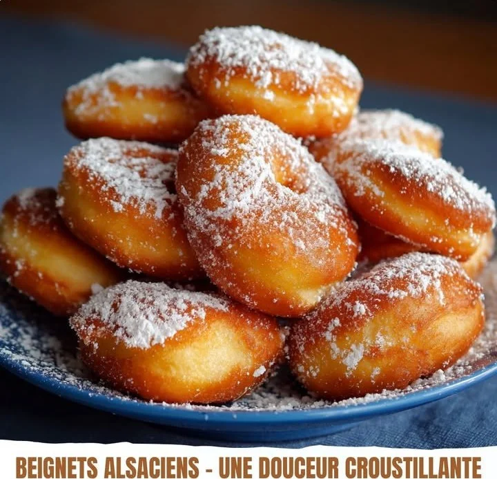 Beignets alsaciens tout juste frits, saupoudrés de sucre glace