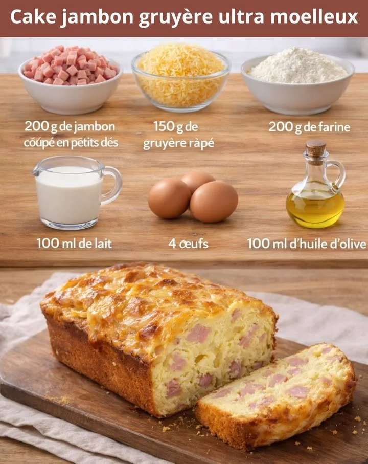 Recette de cake jambon gruyère ultra moelleux, savoureux et facile à préparer