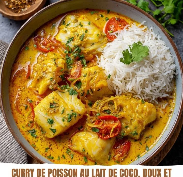 Curry de poisson au lait de coco avec légumes colorés dans un bol