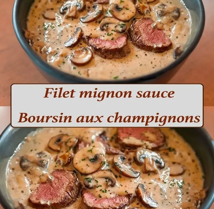 Filet mignon nappé de sauce Boursin aux champignons, plat élégant et savoureux.