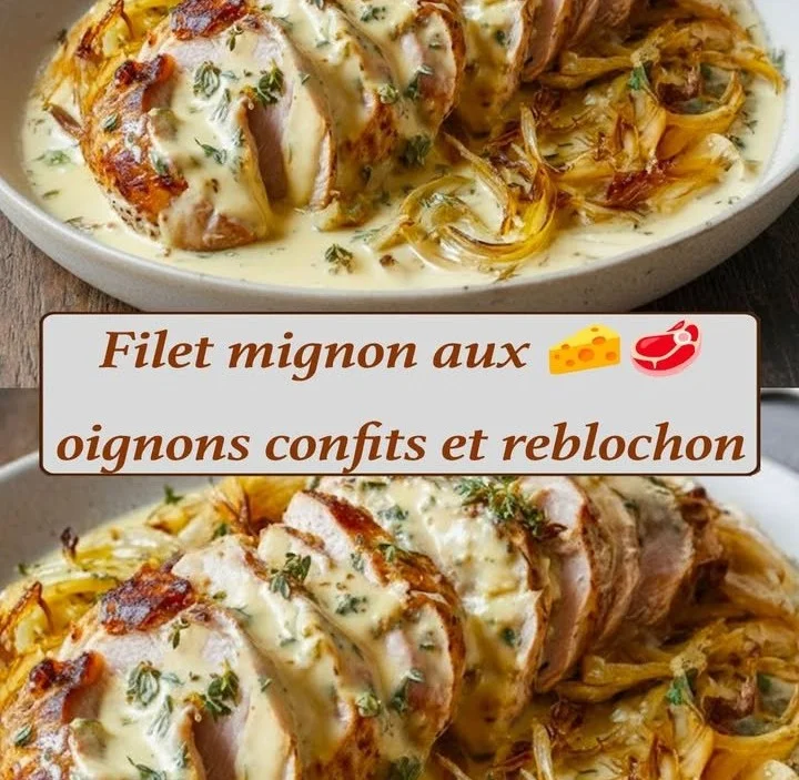 Filet mignon servi avec des oignons caramélisés et du fromage Reblochon