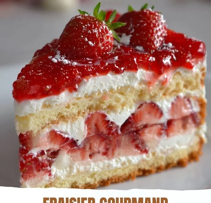 Un délicieux fraisier gourmand avec crème et fraises fraîches sur un fond de génoise.