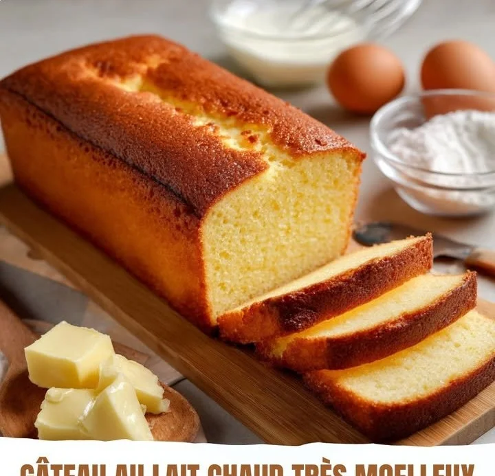 Gâteau au lait chaud très moelleux servi sur une assiette blanche.