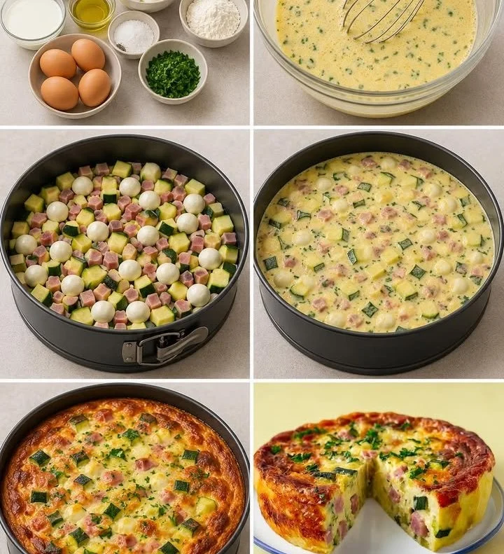 Gâteau Salé aux courgettes, jambon et mozzarella, plat savoureux et fondant