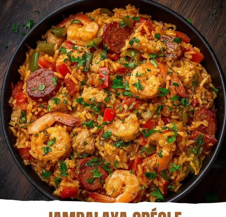 Plat de jambalaya créole savoureux et coloré, rempli de viande et de légumes.